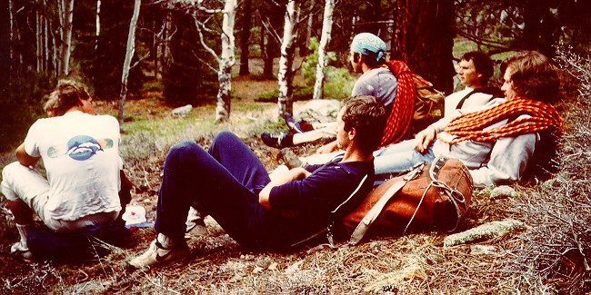 clown climbers waiting on rain on Lumpy Ridge, 1981